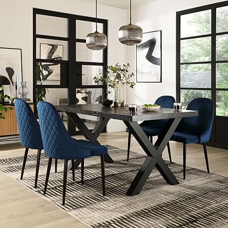 Franklin Dining Table & 4 Ricco Chairs, Black Oak Effect & Black Steel, Blue Classic Velvet, 150cm