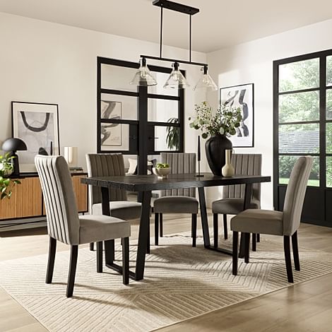 Addison Dining Table & 4 Salisbury Chairs, Black Oak Effect & Black Steel, Grey Classic Velvet & Black Solid Hardwood, 160cm