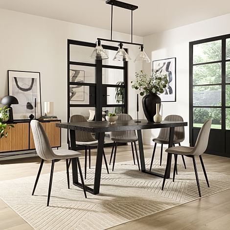 Addison Dining Table & 6 Brooklyn Chairs, Black Oak Effect & Black Steel, Grey Classic Velvet, 160cm