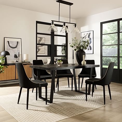 Addison Industrial Dining Table & 4 Modena Chairs, Black Oak Effect & Black Steel, Black Classic Linen-Weave Fabric, 160cm