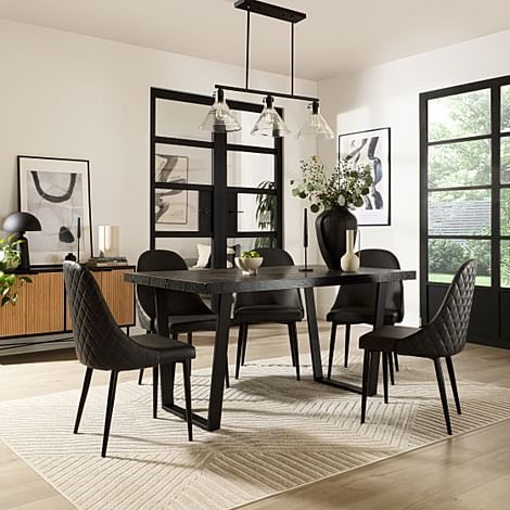 Addison Dining Table & 4 Ricco Chairs, Black Oak Effect & Black Steel, Vintage Grey Premium Faux Leather, 160cm