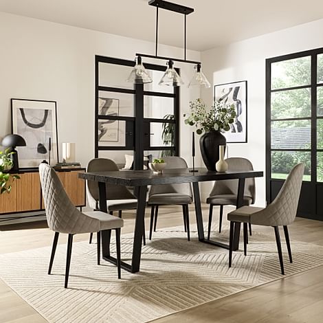 Addison Dining Table & 4 Ricco Chairs, Black Oak Effect & Black Steel, Grey Classic Velvet, 160cm