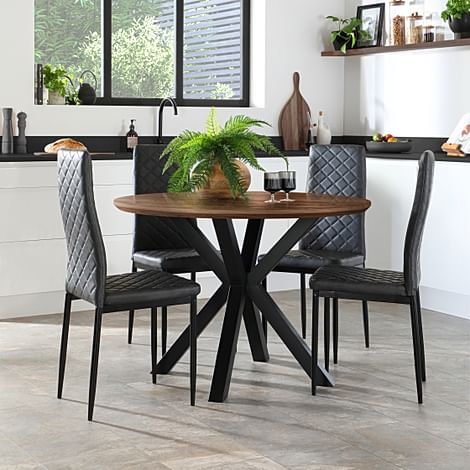 Newark Round Industrial Dining Table & 4 Renzo Chairs, Walnut Effect & Black Steel, Vintage Grey Classic Faux Leather, 110cm