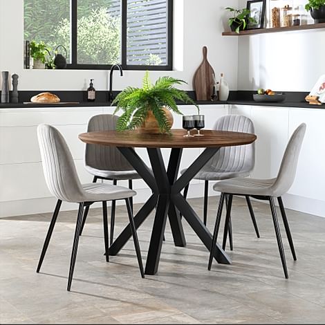 Newark Round Industrial Dining Table & 4 Brooklyn Chairs, Walnut Effect & Black Steel, Grey Classic Velvet, 110cm