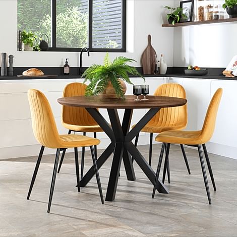 Newark Round Industrial Dining Table & 4 Brooklyn Chairs, Walnut Effect & Black Steel, Mustard Classic Velvet, 110cm