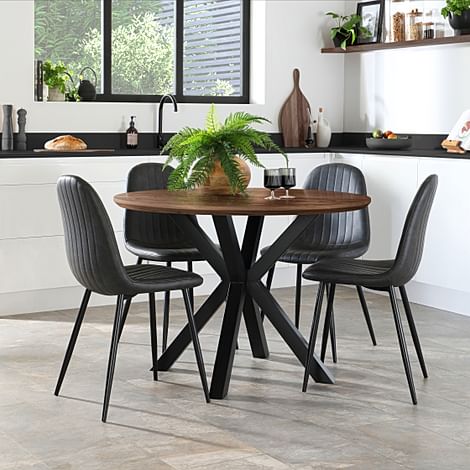 Newark Round Industrial Dining Table & 4 Brooklyn Chairs, Walnut Effect & Black Steel, Vintage Grey Classic Faux Leather, 110cm