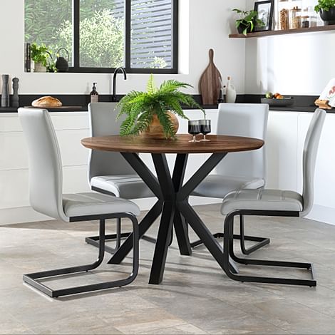 Newark Round Industrial Dining Table & 4 Perth Chairs, Walnut Effect & Black Steel, Light Grey Classic Faux Leather, 110cm