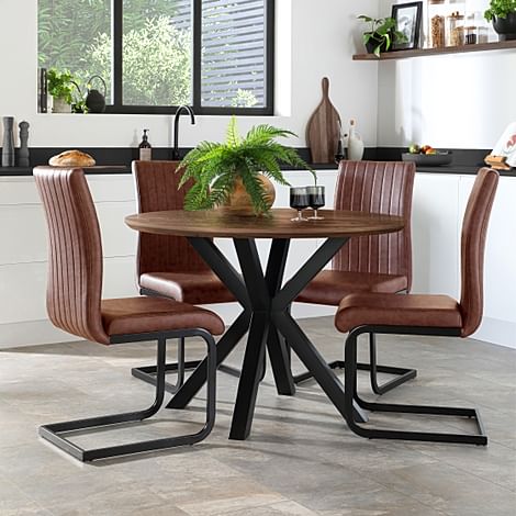 Newark Round Industrial Dining Table & 4 Perth Chairs, Walnut Effect & Black Steel, Tan Classic Faux Leather, 110cm