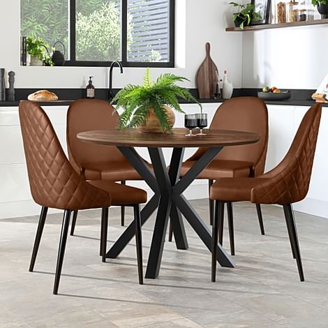 Newark Round Industrial Dining Table & 4 Ricco Chairs, Walnut Effect & Black Steel, Tan Premium Faux Leather, 110cm