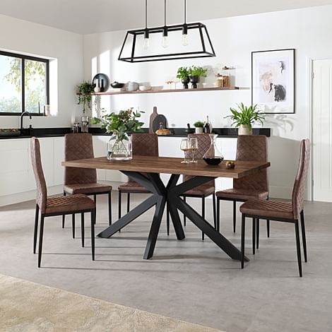 Madison Industrial Dining Table & 4 Renzo Chairs, Walnut Effect & Black Steel, Vintage Brown Classic Faux Leather, 160cm