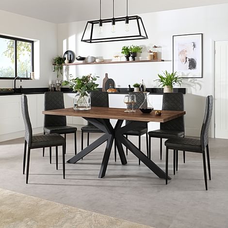Madison Industrial Dining Table & 4 Renzo Chairs, Walnut Effect & Black Steel, Vintage Grey Classic Faux Leather, 160cm