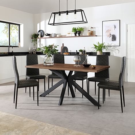Madison Industrial Dining Table & 4 Renzo Chairs, Walnut Effect & Black Steel, Vintage Grey Premium Faux Leather, 160cm