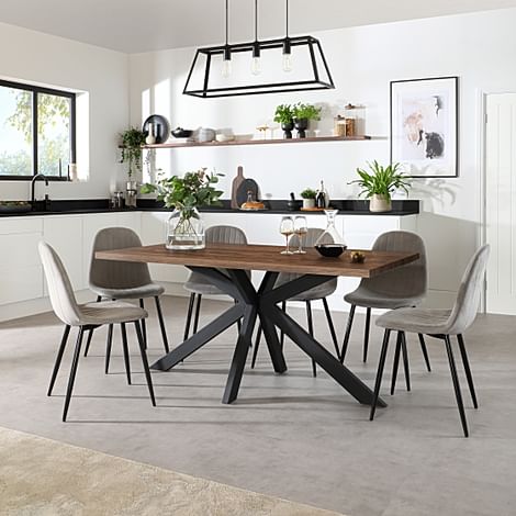 Madison Industrial Dining Table & 4 Brooklyn Chairs, Walnut Effect & Black Steel, Grey Classic Velvet, 160cm