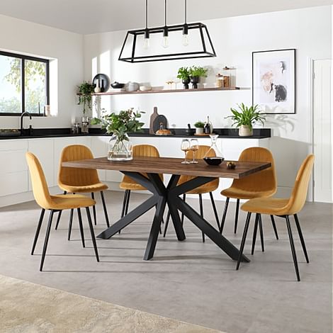 Madison Industrial Dining Table & 6 Brooklyn Chairs, Walnut Effect & Black Steel, Mustard Classic Velvet, 160cm