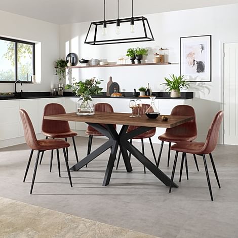 Madison Industrial Dining Table & 6 Brooklyn Chairs, Walnut Effect & Black Steel, Tan Classic Faux Leather, 160cm