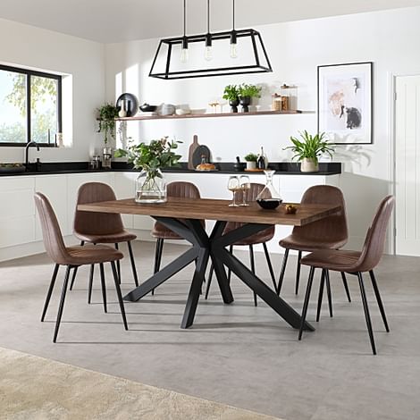 Madison Industrial Dining Table & 6 Brooklyn Chairs, Walnut Effect & Black Steel, Vintage Brown Classic Faux Leather, 160cm