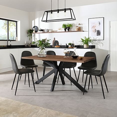 Madison Industrial Dining Table & 4 Brooklyn Chairs, Walnut Effect & Black Steel, Vintage Grey Classic Faux Leather, 160cm