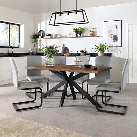 Madison Industrial Dining Table & 6 Perth Chairs, Walnut Effect & Black Steel, Light Grey Classic Faux Leather, 160cm
