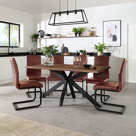 Madison Industrial Dining Table & 4 Perth Chairs, Walnut Effect & Black Steel, Tan Classic Faux Leather, 160cm