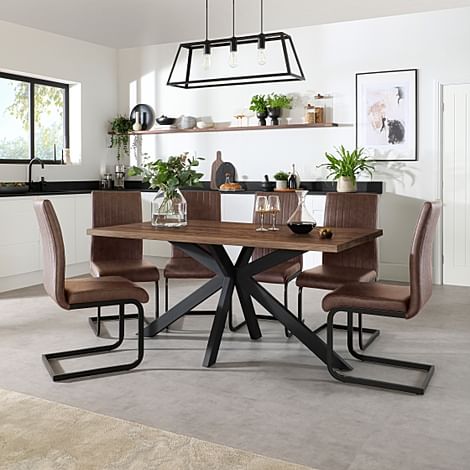 Madison Industrial Dining Table & 4 Perth Chairs, Walnut Effect & Black Steel, Vintage Brown Classic Faux Leather, 160cm