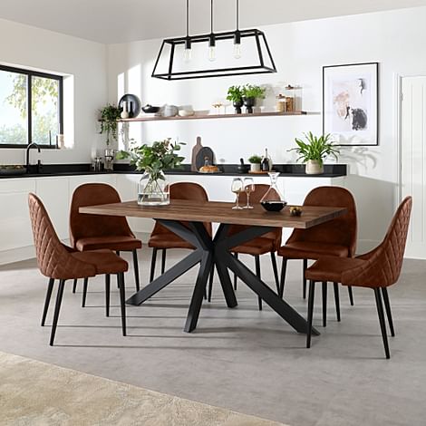 Madison Industrial Dining Table & 6 Ricco Chairs, Walnut Effect & Black Steel, Tan Premium Faux Leather, 160cm