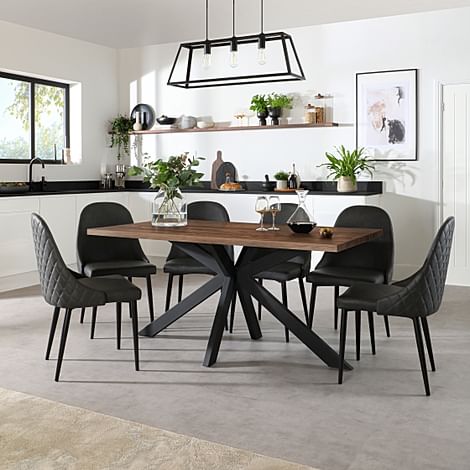 Madison Industrial Dining Table & 4 Ricco Chairs, Walnut Effect & Black Steel, Vintage Grey Premium Faux Leather, 160cm