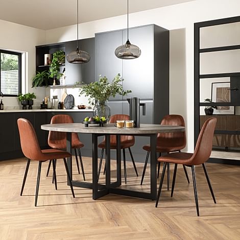 Newbury Oval Industrial Dining Table & 6 Brooklyn Chairs, Grey Concrete Effect & Black Steel, Tan Classic Faux Leather, 180cm