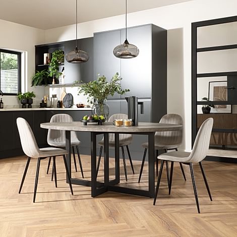 Newbury Oval Industrial Dining Table & 4 Brooklyn Chairs, Grey Concrete Effect & Black Steel, Grey Classic Velvet, 180cm