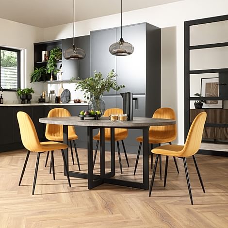 Newbury Oval Industrial Dining Table & 4 Brooklyn Chairs, Grey Concrete Effect & Black Steel, Mustard Classic Velvet, 180cm