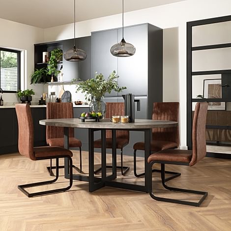 Newbury Oval Industrial Dining Table & 6 Perth Chairs, Grey Concrete Effect & Black Steel, Tan Classic Faux Leather, 180cm
