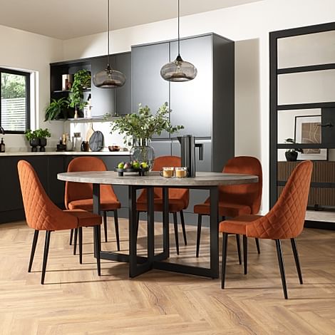Newbury Oval Industrial Dining Table & 4 Ricco Chairs, Grey Concrete Effect & Black Steel, Burnt Orange Classic Velvet, 180cm