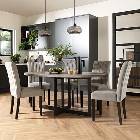 Newbury Oval Industrial Dining Table & 4 Salisbury Chairs, Grey Concrete Effect & Black Steel, Grey Classic Velvet & Black Solid Hardwood, 180cm