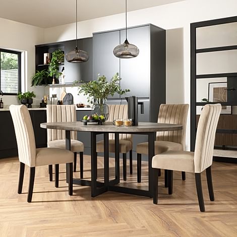 Newbury Oval Industrial Dining Table & 4 Salisbury Chairs, Grey Concrete Effect & Black Steel, Champagne Classic Velvet & Black Solid Hardwood, 180cm
