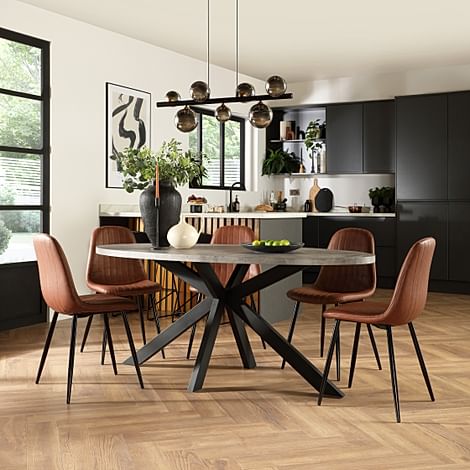 Madison Oval Industrial Dining Table & 6 Brooklyn Chairs, Grey Concrete Effect & Black Steel, Tan Classic Faux Leather, 180cm