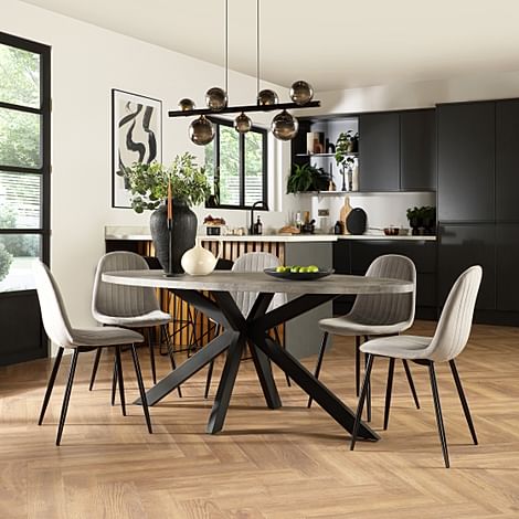 Madison Oval Industrial Dining Table & 6 Brooklyn Chairs, Grey Concrete Effect & Black Steel, Grey Classic Velvet, 180cm