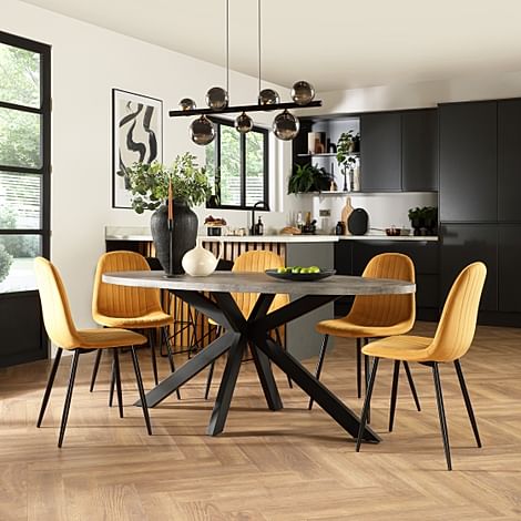 Madison Oval Industrial Dining Table & 6 Brooklyn Chairs, Grey Concrete Effect & Black Steel, Mustard Classic Velvet, 180cm