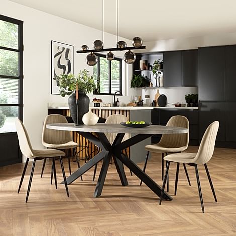 Madison Oval Industrial Dining Table & 4 Brooklyn Chairs, Grey Concrete Effect & Black Steel, Champagne Classic Velvet, 180cm