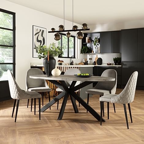 Madison Oval Industrial Dining Table & 4 Ricco Chairs, Grey Concrete Effect & Black Steel, Grey Classic Velvet, 180cm