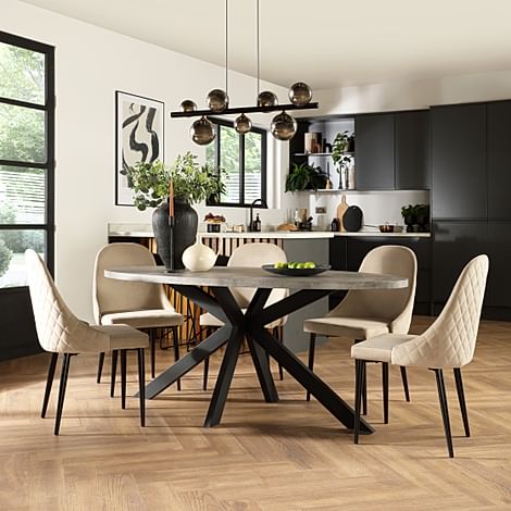 Madison Oval Industrial Dining Table & 4 Ricco Chairs, Grey Concrete Effect & Black Steel, Champagne Classic Velvet, 180cm