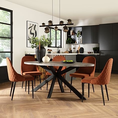Madison Oval Industrial Dining Table & 4 Ricco Chairs, Grey Concrete Effect & Black Steel, Burnt Orange Classic Velvet, 180cm