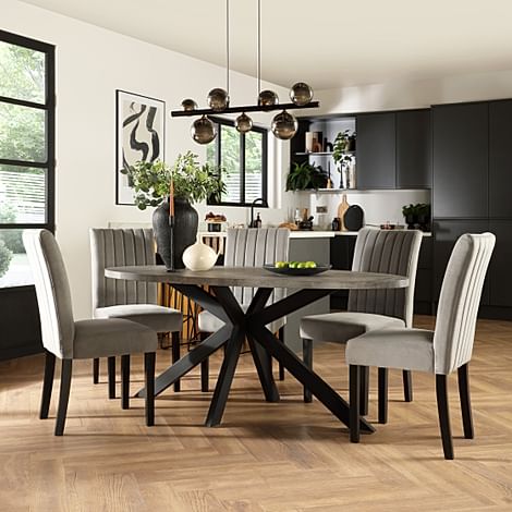 Madison Oval Industrial Dining Table & 6 Salisbury Chairs, Grey Concrete Effect & Black Steel, Grey Classic Velvet & Black Solid Hardwood, 180cm