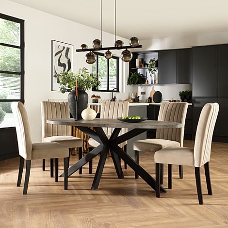 Madison Oval Industrial Dining Table & 4 Salisbury Chairs, Grey Concrete Effect & Black Steel, Champagne Classic Velvet & Black Solid Hardwood, 180cm