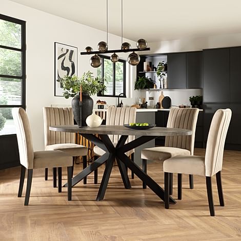 Madison Oval Industrial Dining Table & 6 Salisbury Chairs, Grey Concrete Effect & Black Steel, Champagne Classic Velvet & Black Solid Hardwood, 180cm