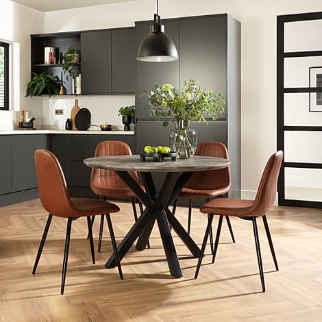 Newark Round Industrial Dining Table & 4 Brooklyn Chairs, Grey Concrete Effect & Black Steel, Tan Classic Faux Leather, 110cm