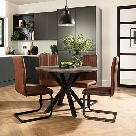 Newark Round Industrial Dining Table & 4 Perth Chairs, Grey Concrete Effect & Black Steel, Tan Classic Faux Leather, 110cm