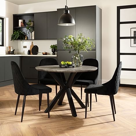 Newark Round Industrial Dining Table & 4 Ricco Chairs, Grey Concrete Effect & Black Steel, Black Classic Velvet, 110cm