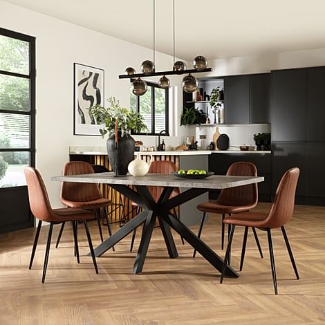 Madison Industrial Dining Table & 4 Brooklyn Chairs, Grey Concrete Effect & Black Steel, Tan Classic Faux Leather, 160cm