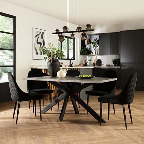 Madison Industrial Dining Table & 4 Ricco Chairs, Grey Concrete Effect & Black Steel, Black Classic Velvet, 160cm