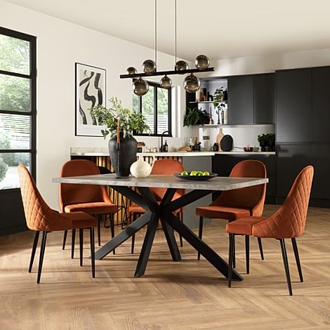 Madison Industrial Dining Table & 6 Ricco Chairs, Grey Concrete Effect & Black Steel, Burnt Orange Classic Velvet, 160cm