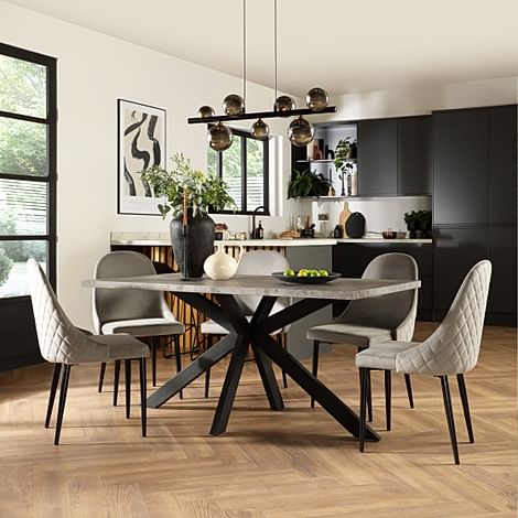 Madison Industrial Dining Table & 4 Ricco Chairs, Grey Concrete Effect & Black Steel, Grey Classic Velvet, 160cm